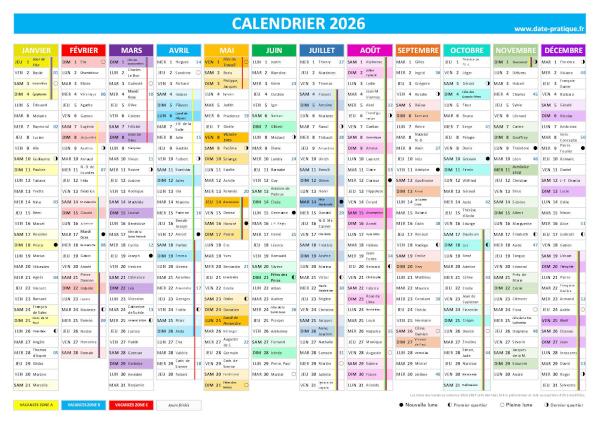 Calendrier 2026 en couleur à imprimer gratuitement.