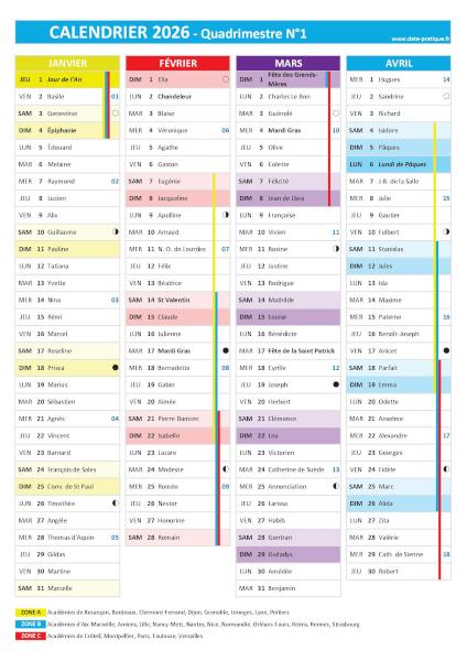 Calendrier 2026 quadrimestre N°1 : mois de janvier, février, mars et avril 2026.
