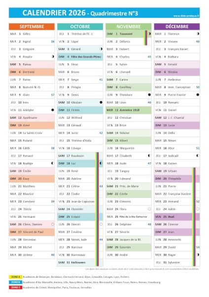 Calendrier 2026 quadrimestre N°3 : mois de septembre, octobre, novembre et décembre 2026.