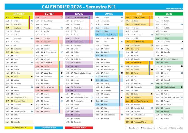 calendrier 2026 semestriel : semestre N°1.