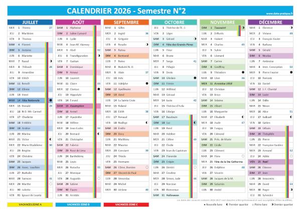 Calendrier 2026 à imprimer semestre 2.