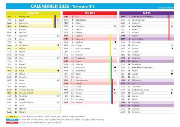 Calendrier 2026 trimestre N°1 : mois de janvier, février et mars 2026.