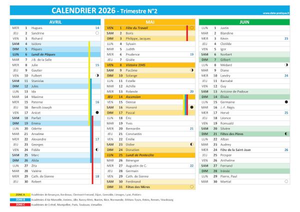 Calendrier 2026 trimestre N°2 : mois d'avril, mai et juin 2026.