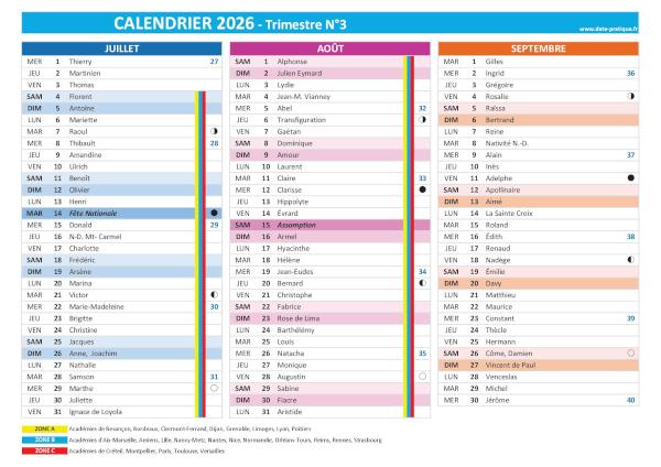 Calendrier 2026 trimestriel : trimestre N°3.