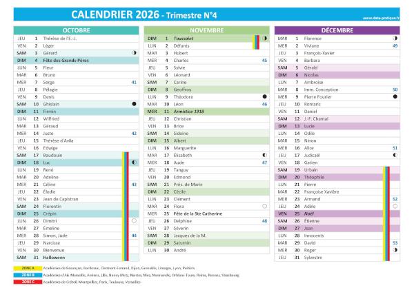 Calendrier 2026 trimestre N°4 : mois d'octobre, novembre et décembre 2026.