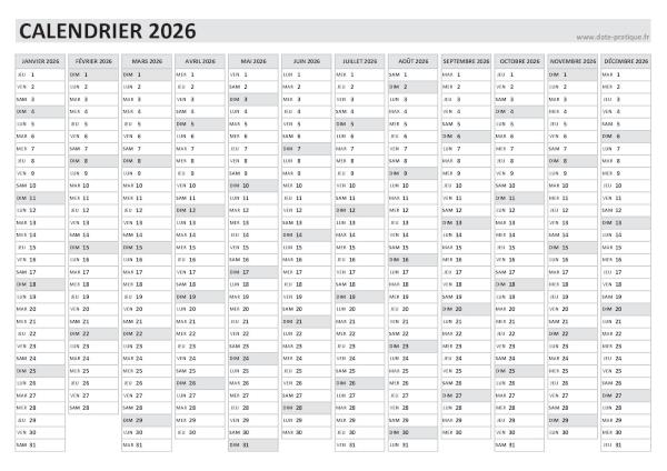 Calendrier vierge 2026 à imprimer.