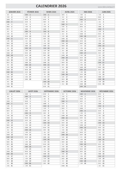 Calendrier 2026 vierge à imprimer en noir et blanc, format A4 portrait.