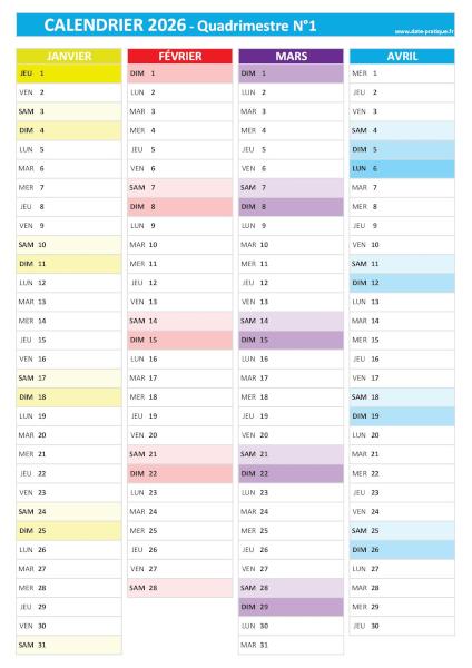 Calendrier 2026 vierge pour les mois de janvier, février, mars et avril 2026.