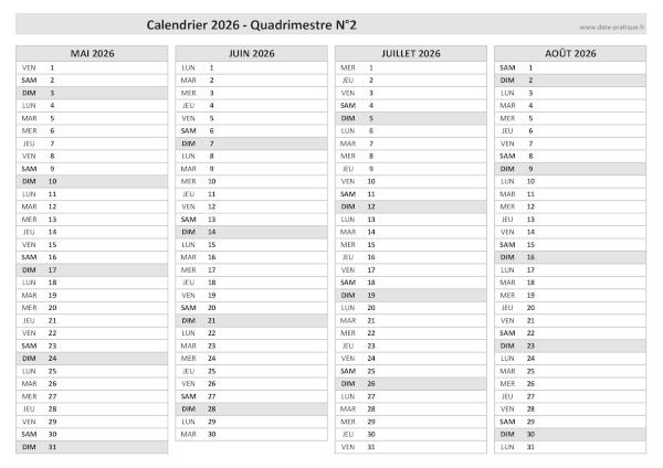 Calendrier 2026 vierge pour les mois de mai, juin, juillet, août 2026.