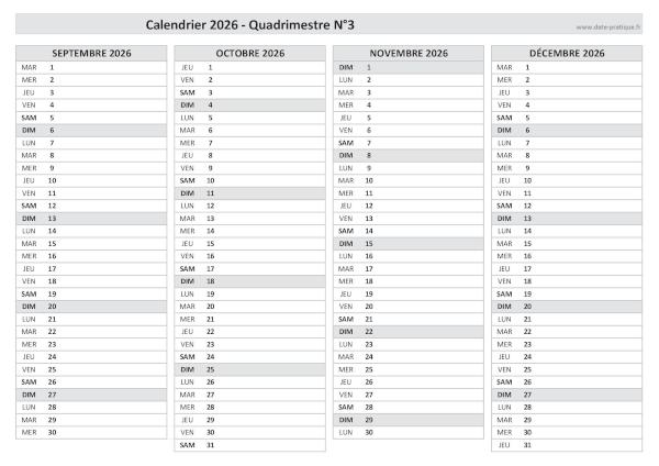 Calendrier 2026 vierge pour les mois de septembre, octobre, novembre, décembre 2026.