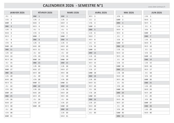 Calendrier 2026 vierge semestre N°1 : mois de janvier, février, mars, avril, mai et juin 2026.