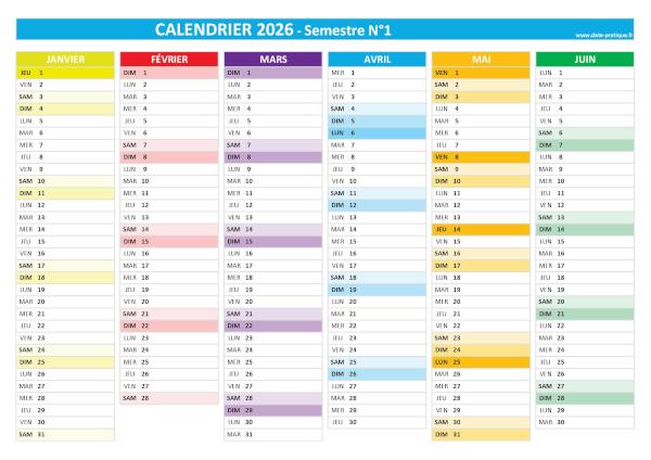 Calendrier 2026 vierge à imprimer - Semestre N°1.