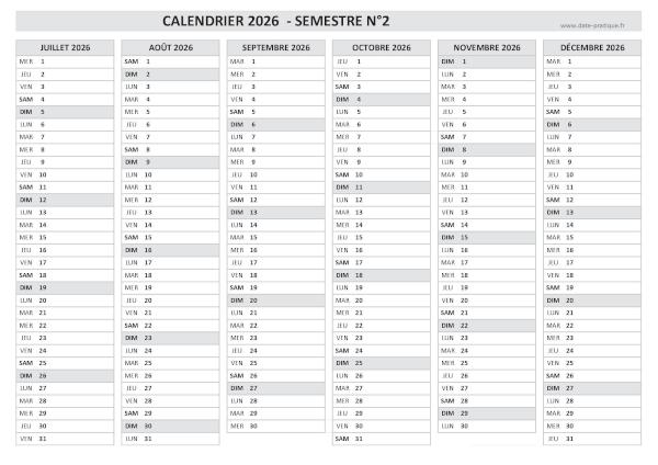 Calendrier 2026 vierge semestre N°2 : mois de juillet, août, septembre, octobre, novembre et décembre 2026.