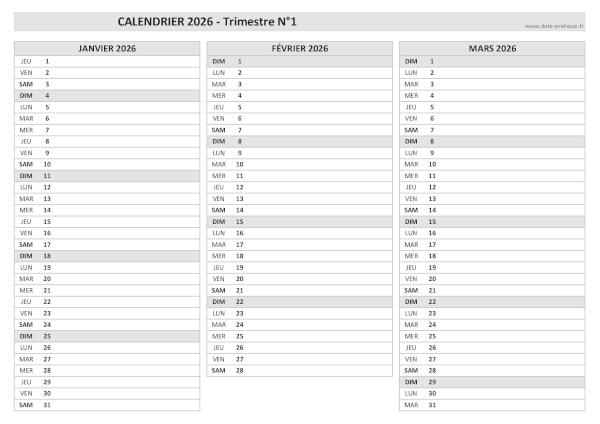 Calendrier vierge trimestre N°1 2026 : mois de janvier, février et mars 2026.