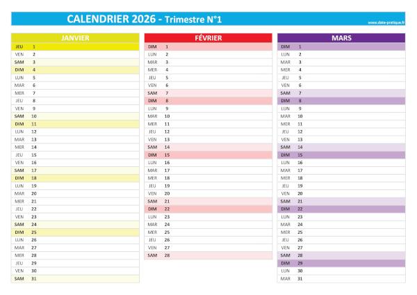 Calendrier 2026 vierge trimestre N°1 : mois de janvier, février et mars 2026.
