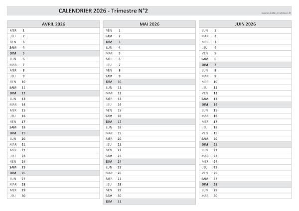 Calendrier vierge trimestre N°2 2026 : mois d'avril, mai et juin 2026.