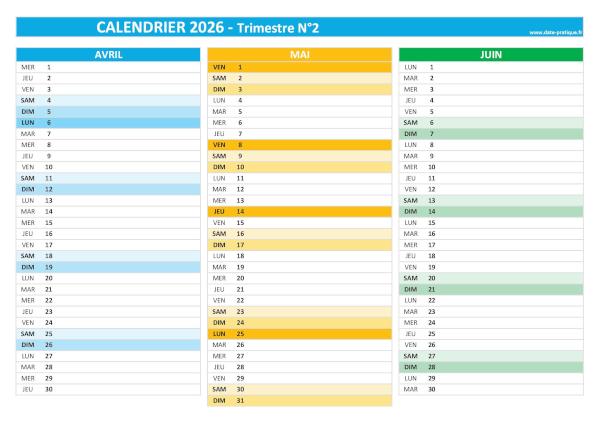 Calendrier 2026 vierge trimestre N°2 : mois d'avril, mai et juin 2026.