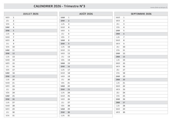Calendrier vierge trimestre N°3 2026 : mois de juillet, août et septembre 2026.