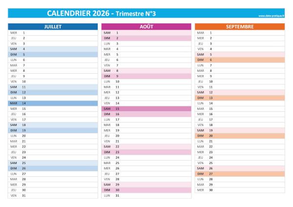 Calendrier 2026 vierge trimestre N°3 : mois de juillet, août et septembre 2026.