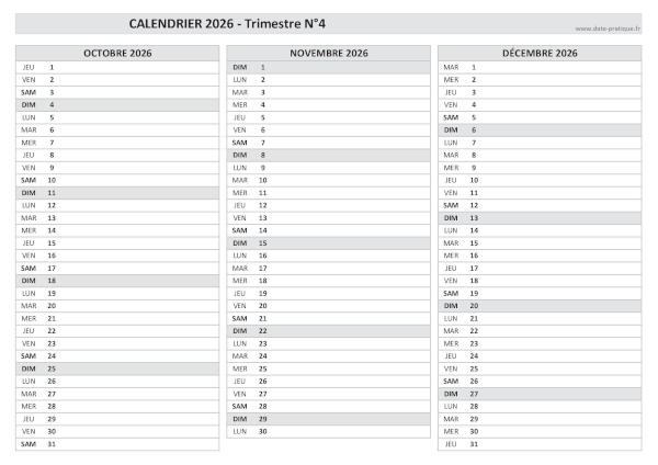 Calendrier vierge trimestre N°4 2026 : mois d'octobre, novembre et décembre 2026.