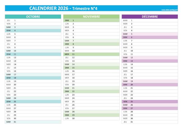 Calendrier 2026 vierge trimestre N°4 : mois d'octobre, novembre et décembre 2026.