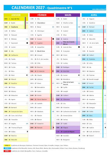 Calendrier 2027 quadrimestre N°1 : mois de janvier, février, mars et avril 2027.