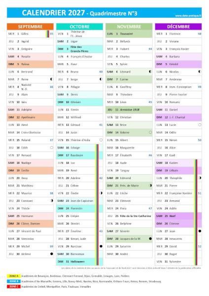 Calendrier 2027 quadrimestre N°3 : mois de septembre, octobre, novembre et décembre 2027.