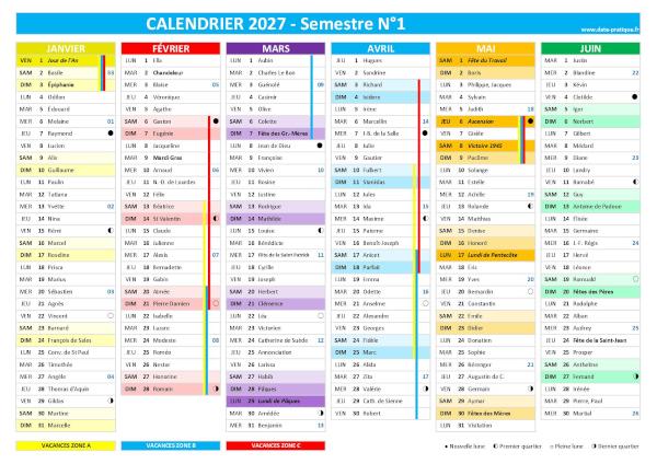 Calendrier 2027 à imprimer semestre 1.