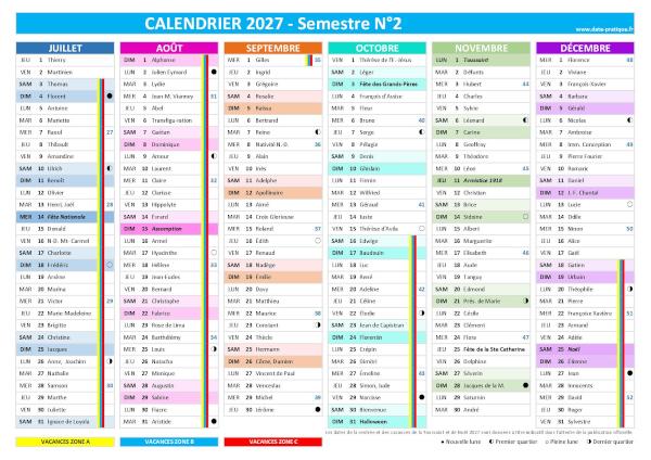 Calendrier 2027 à imprimer semestre 2.