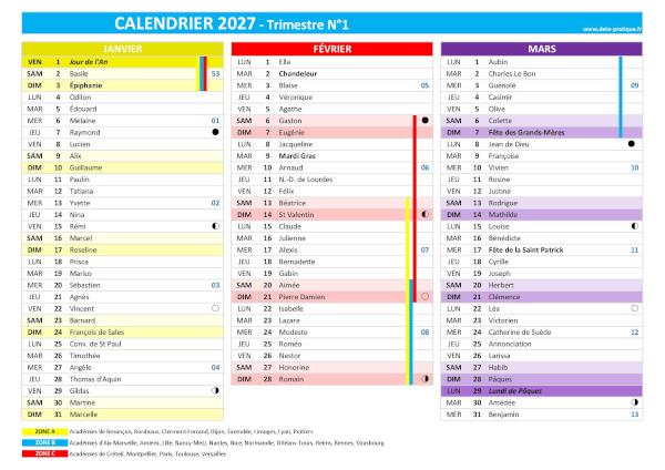 Calendrier 2027 trimestre N°1 : mois de janvier, février et mars 2027.