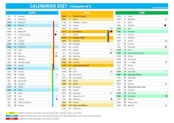 Calendrier 2027 trimestre N°2 : mois d'avril, mai et juin 2027.