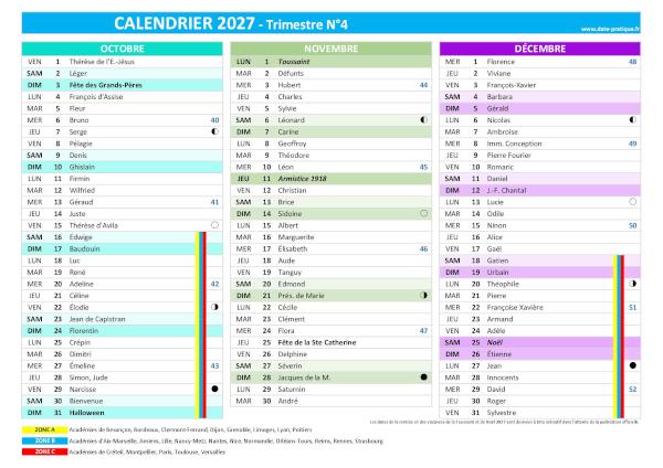 Calendrier 2027 trimestre N°4 : mois d'octobre, novembre et décembre 2027.