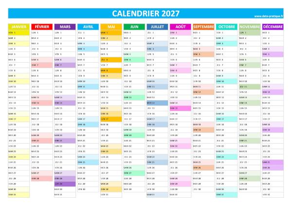 Calendrier 2027 vierge à imprimer, format A4 paysage.