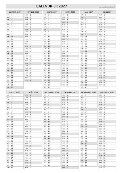 Calendrier 2027 vierge à imprimer en noir et blanc, format A4 portrait.