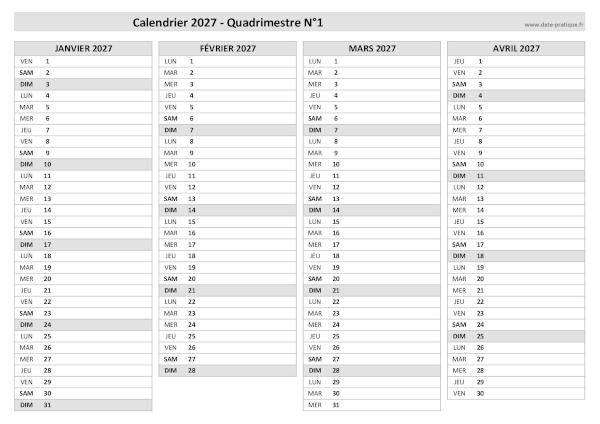Calendrier 2027 vierge pour les mois de janvier, février, mars et avril 2027.