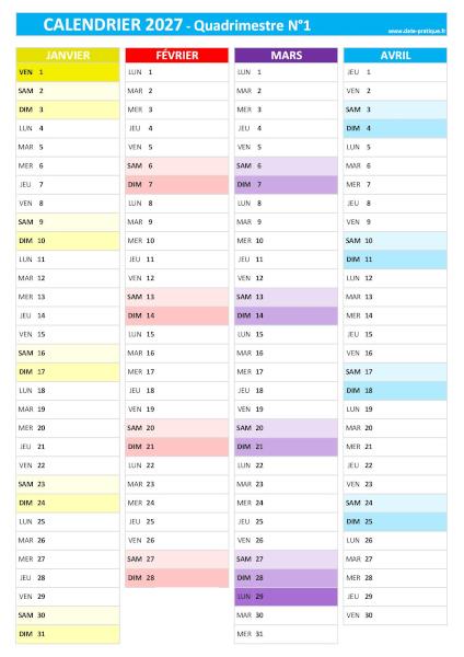 Calendrier 2027 vierge pour les mois de janvier, février, mars et avril 2027.