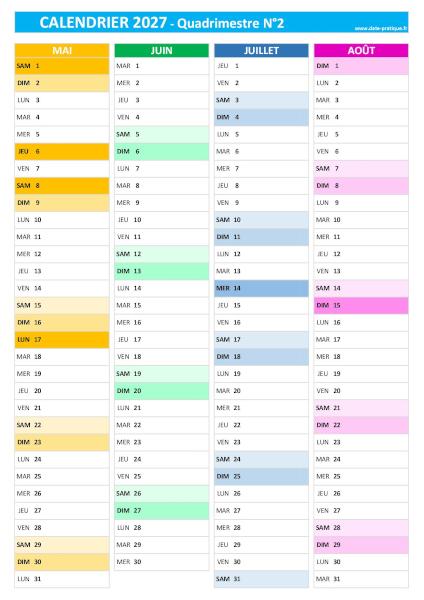 Calendrier 2027 vierge pour les mois de mai, juin, juillet, août 2027.