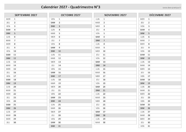 Calendrier 2027 vierge pour les mois de septembre, octobre, novembre, décembre 2027.