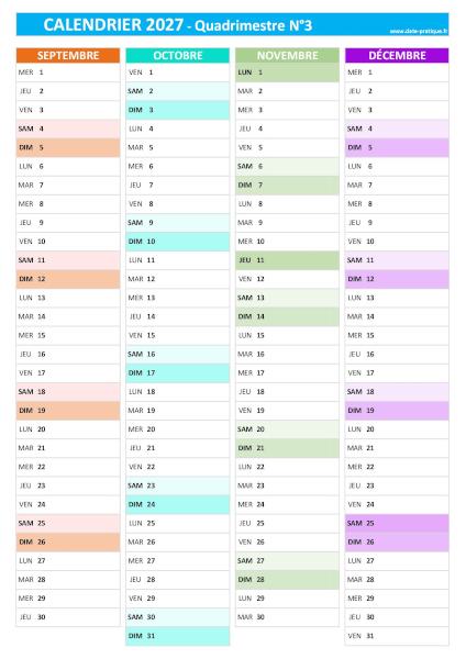 Calendrier 2027 vierge pour les mois de septembre, octobre, novembre, décembre 2027.