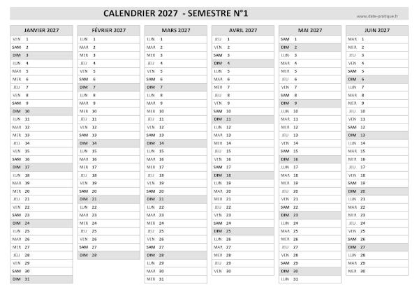 Calendrier 2027 vierge semestre N°1 : mois de janvier, février, mars, avril, mai et juin 2027.