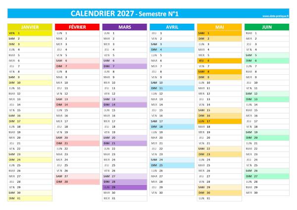 Calendrier 2027 vierge à imprimer - Semestre N°1.