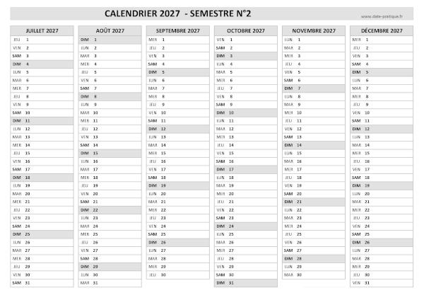 Calendrier 2027 vierge semestre N°2 : mois de juillet, août, septembre, octobre, novembre et décembre 2027.