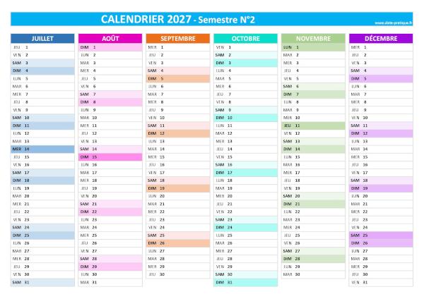 Calendrier 2027 vierge à imprimer - Semestre N°2.