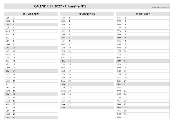 Calendrier vierge trimestre N°1 2027 : mois de janvier, février et mars 2027.