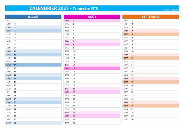 Calendrier 2027 vierge trimestre N°3 : mois de juillet, août et septembre 2027.