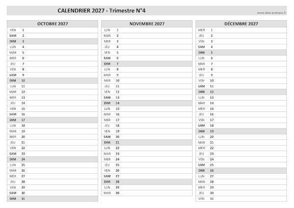 Calendrier vierge trimestre N°4 2027 : mois d'octobre, novembre et décembre 2027.