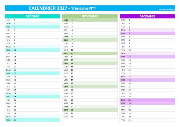 Calendrier 2027 vierge trimestre N°4 : mois d'octobre, novembre et décembre 2027.