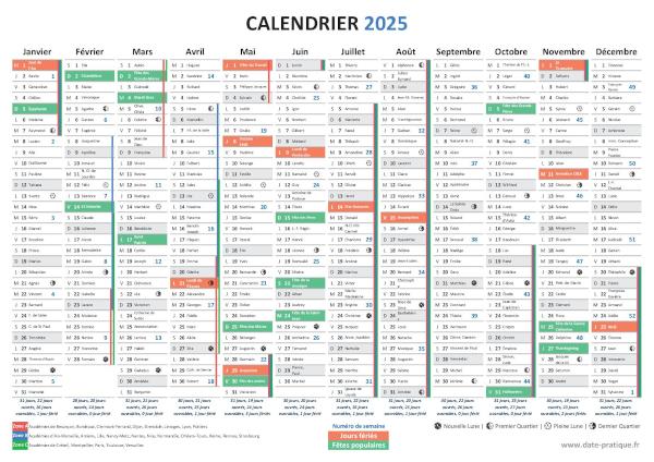 Télécharger et imprimer gratuitement notre calendrier 2025 avec jours fériés, vacances scolaires, numéros de semaine, fêtes et saint du jour, phases lunaires. Calendrier 2025 gratuit à imprimer.