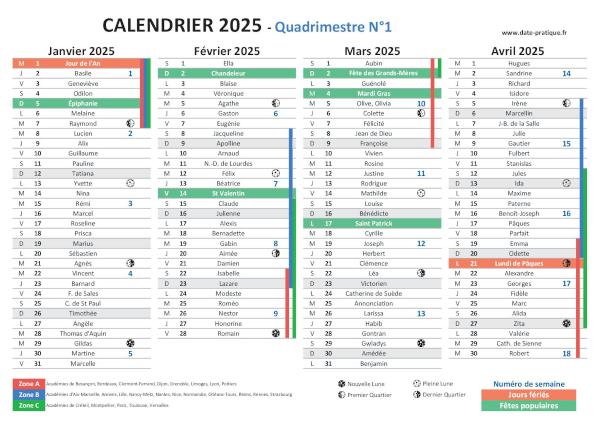 Calendrier 2025 avec saints, fêtes, jours fériés à télécharger et imprimer - Quadrimestre N°1.
