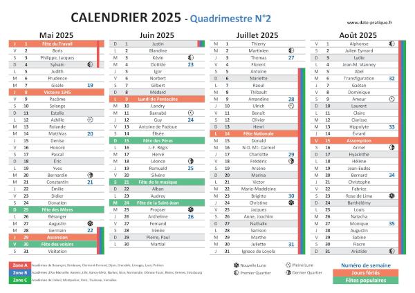 Calendrier 2025 avec saints, fêtes, jours fériés à télécharger et imprimer - Quadrimestre N°2.